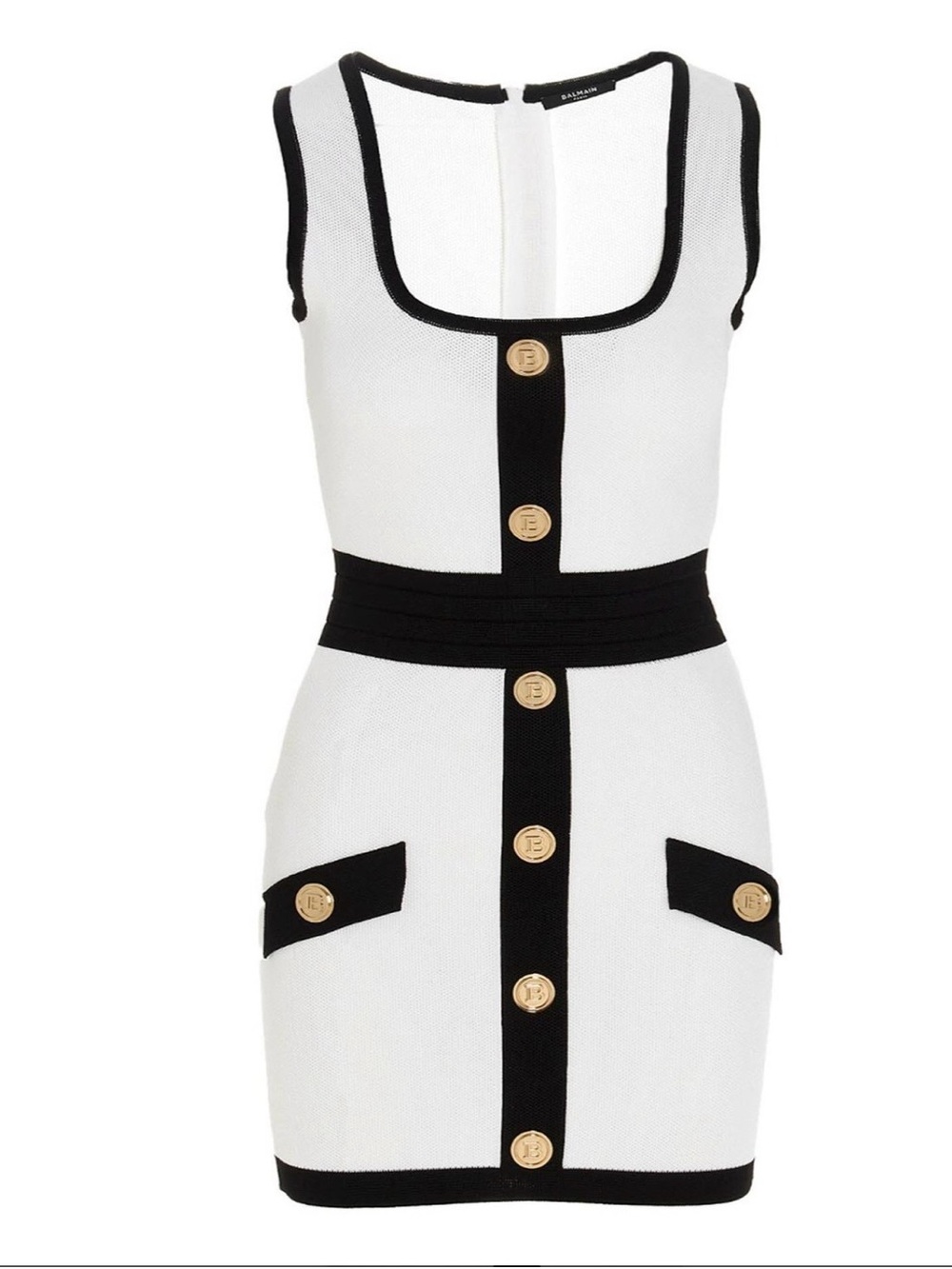 Balmain White Mini Dress with Black Trim and Gold Buttons